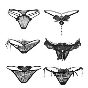 6 Pairs Thong Panties Pearls Lace Bows M